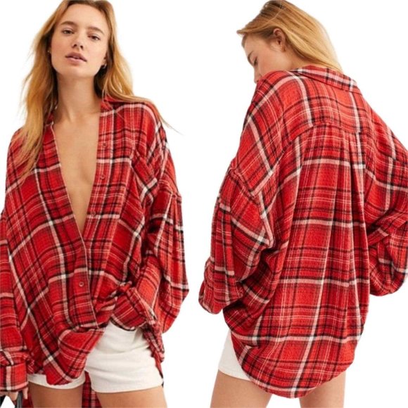 Free People Tops - Free People Hidden Valley Oversized Button Down Shirt Scarlett Combo Plaid Sz S